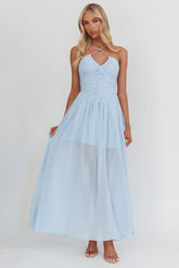 The Dreamers Ruched Basque Waist Maxi Dress Blue