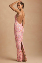 Embellished Scoop-Neck Backless Maxi Dress in Pink