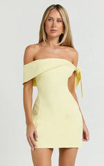 Cecilia Mini Dress - Off Shoulder Tie Detail Dress in Lemon