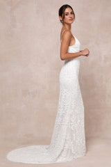 Everlasting Passion White Sequin Beaded Backless Maxi Dress