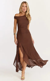 Judee Midi Dress - One Shoulder High Side Split Dress in Chocolate
