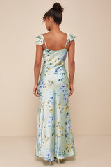 Captivating Grace Sage Green Floral Satin Ruffled Maxi Dress