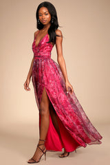 Romance That Wows Magenta Floral Print Organza Maxi Dress