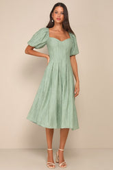 Heavenly Energy Sage Textured Puff Sleeve Pleated Midi Dress