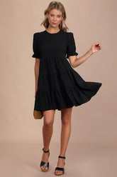 Favorite Day Black Puff Sleeve Tiered Mini Dress