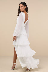 Graceful Finesse White Pleated Long Sleeve Maxi Dress