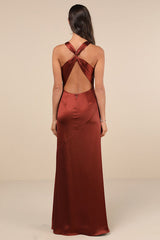 Purely Elegant Rust Brown Satin Twist-Back Maxi Dress