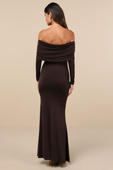 Effortlessly Stunning Dark Brown Off-the-Shoulder Maxi Dress