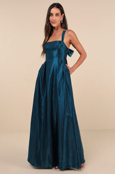 Immaculate Aura Shiny Dark Teal Taffeta Maxi Dress With Pockets