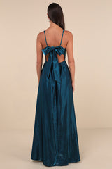 Immaculate Aura Shiny Dark Teal Taffeta Maxi Dress With Pockets