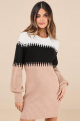 Comforting Cuteness Beige Color Block Ribbed Sweater Mini Dress
