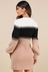 Comforting Cuteness Beige Color Block Ribbed Sweater Mini Dress