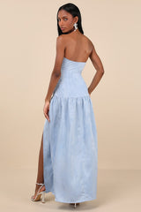 Gemmi Light Blue Satin Jacquard Drop Waist Maxi Dress