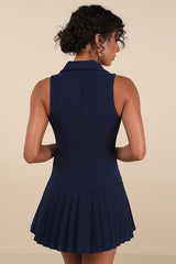 Posh Vision Navy Sleeveless Blazer Pleated Mini Dress