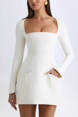 Square-Neck Structured Tulip Mini Dress In Vanilla