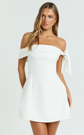 Cecilia Mini Dress - Off Shoulder Tie Detail Dress in White
