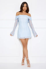 Secret Smile Lace Off Shoulder Mini Dress Blue