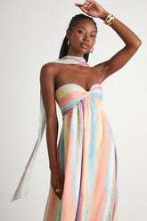 Kelia Peach Multi Striped Midi Dress and Scarf Set