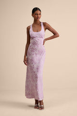 Liliya Lavender Satin Jacquard Backless Maxi Dress
