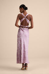 Liliya Lavender Satin Jacquard Backless Maxi Dress