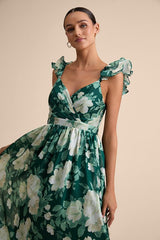 Soiree Perfection Green Floral Ruffled Tiered Maxi Dress