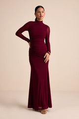 Madahlia Wine Red Mesh Mock Neck Cutout Maxi Dress