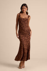 Celeste Brown Floral Burnout Bustier Maxi Dress