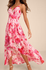 An Enchanting Dream Pink Multi Print High-Low Maxi Dress