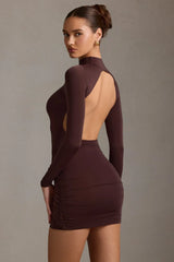 Ruched Backless Turtleneck Mini Dress in Chocolate Brown