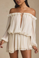 Off-Shoulder Asymmetric Balloon-Sleeve Mini Dress in Ivory