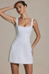 Embellished Structured A-Line Mini Dress in White