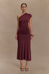 Chloe Peached Jersey One Shoulder Midi Dress - Mahogany