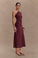 Chloe Peached Jersey One Shoulder Midi Dress - Mahogany