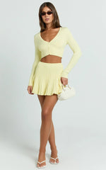 Naomi Two Piece Set - Contrast Knit Button Up Long Sleeve And Pleated Mini Skirt in Lemon