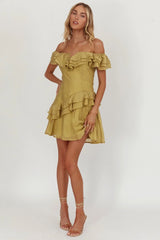 Sinclair Off-Shoulder Ruffle Trim Mini Dress Khaki
