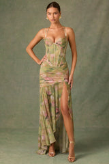 Ruched Asymmetric Corset Gown in Floral Multi Print