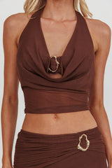 Paullina Cowl Halterneck Crop Top Brown