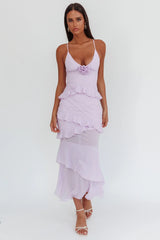 Marlie Frill Trim Rosette Maxi Dress Lilac