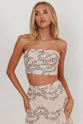 Ezmeralda Strapless Peat Crop Top Floral Beige