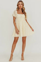 Dandelions Puff Sleeves A-Line Mini Dress Cream