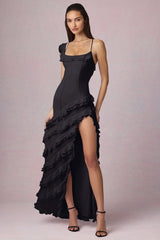 Asymmetric Ruffled Lace-Up Gown in Black