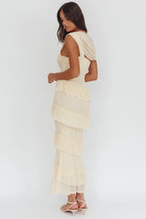 Anaisa Asymmetric Neckline Frill Maxi Dress Cream