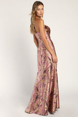 Gowning Around Mauve Floral Jacquard Strapless Maxi Dress