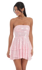 Sequin Strapless Ruffle Dress in Pink