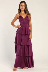 Going with Elegance Plum Purple Satin Tiered Gown