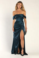 Stunning Arrival Dark Teal Satin Off-The-Shoulder Maxi Dress