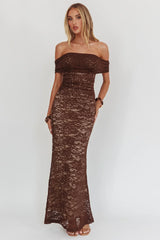 Flutters Off-Shoulder Lace Maxi Dress Chocolate