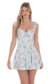 Chiffon Floral Dress in Aqua Green
