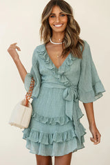 Time Will Tell Angel Sleeve Frill Detail Dress Olive