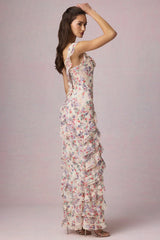 Asymmetric Ruffled Lace-Up Gown in Primrose Floral Print